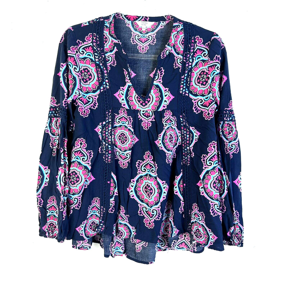 Crown & Ivy Peasant top relaxed Fit Women's Small Blue Embellished Casual